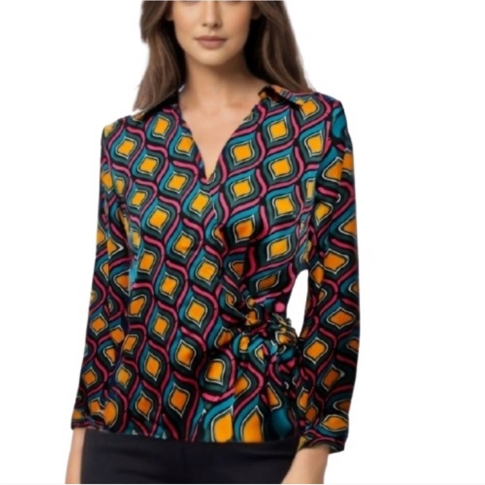 cupcakes & cashmere Multicolor Geo-Print Satin Top Faux Wrap Long Sleeve Medium